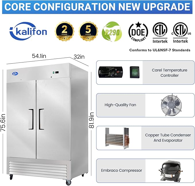 54" Commercial Refrigerator with 2 Solid Doors&8 Shelves, 49 Cu.ft Reach-in Stainless Steel Refrigerator, Fan Cooling Refrigerator for Restaurant, Bar, Home, Shop, and Business