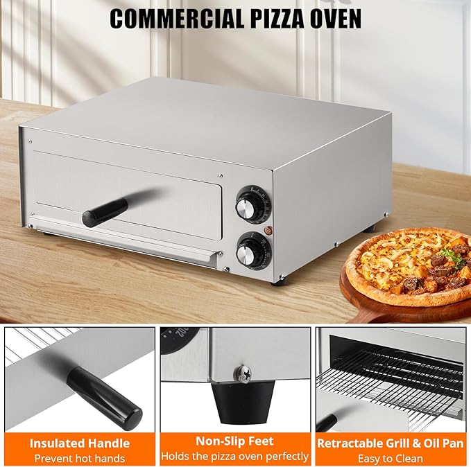 Electric Pizza Oven 13 inch Countertop Pizza Maker, Single Deck Stainless Steel, Removable Crumb Tray, Timer & Temp Control, Commercial Pizza Cooker Ideal for Home Kitchen Restaurant and Food Truck