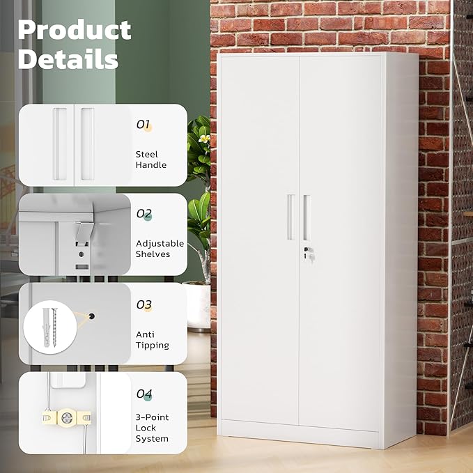 Greenvelly Metal Garage Storage Cabinet, White Steel Lockable Cabinet with 2 Doors and 4 Adjustable Shelves,Utility Metal Filing Cabinet with Lock for Home Office, Garage, Pantry, Kitchen