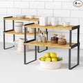 Kitchen Cabinet Organizer Shelf Set of 4, Stackable Pantry Cupboard Countertop Storage and Organizer, Desk Shelf Riser, Spice Plate Cup Expandable Storage Rack,(Black Bamboo) Large