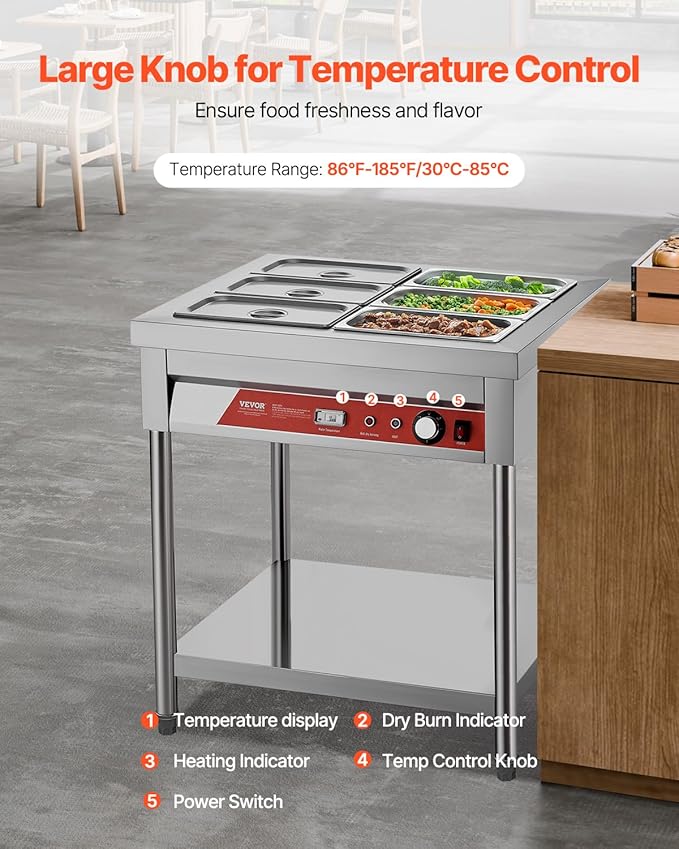 VEVOR 6-Pan Commercial Food Warmer, 6 x 1/3 Pans Electric Steam Table, 1500W Professional Buffet Catering Food Warmer with Undershelf, Stainless Steel Server for Restaurant Party Hotel