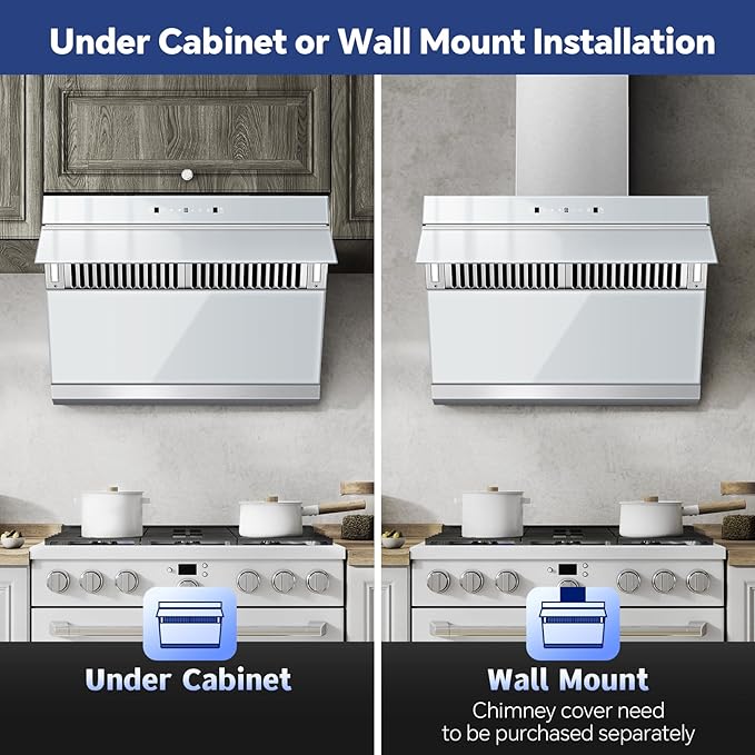 Under Cabinet Range Hood 30 Inch, 900 CFM Wall Mount Vent Hood with Auto-cleaning Function,Gesture & Touch Control, Silver Grey Tempered Glass Surface Kitchen Hood 3 Speed Exhaust Fan