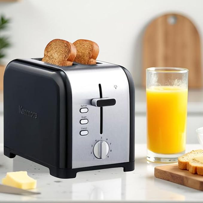 Kenmore toaster 2 slice - extra wide slot countertop kitchen appliance, defrost function, tostador de pan, 9 shade settings, compact design, easy clean crumb tray, bread bagel, stainless steel & Black