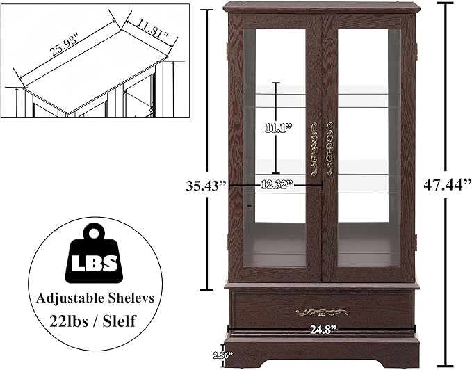 47" H Lighted Curio Cabinet Display Case, Glass Case with Adjustable Shelves,Tempered Glass Door and Drawer, Wooden Curio Cabinet with Mirrored Back Pane for Living Room (Dark Cherry)