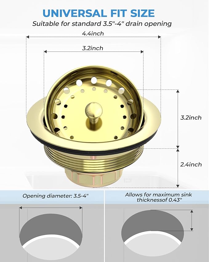 3-1/2 Inch Gold Kitchen Sink Drain Assembly Sink Drain Strainer with Stainless Steel Strainer Basket and Drain Stopper Replacement for Standard Kitchen Sink Drain, Stainless