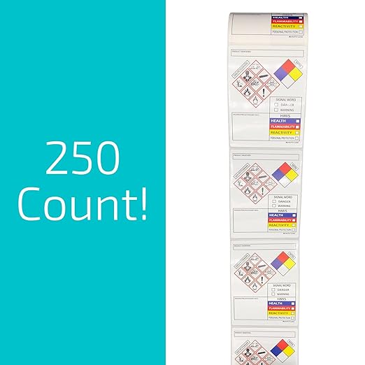 SDS OSHA Data Labels for Chemical Safety 4 x 3 Inches | Perforated Roll of 250 MSDS Stickers with GHS Pictograms & Easy Separating | HMIS & Hazard Compliant | for Secondary Containers