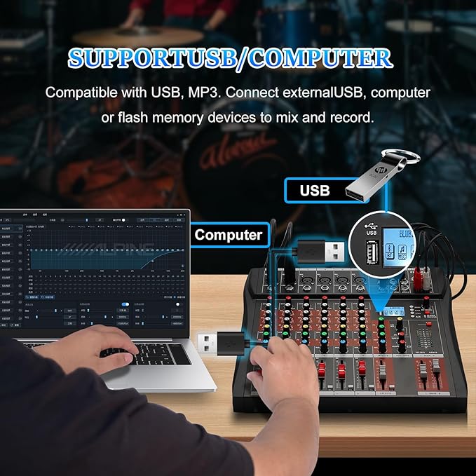 6 Channel Mixer Audio Console, CT-60S Professional Music Mixer DJ Mixing Board with Reverb Bluetooth MP3 Player 48V Phantom Power Supply USB Recording for Studio Karaoke Live Performance