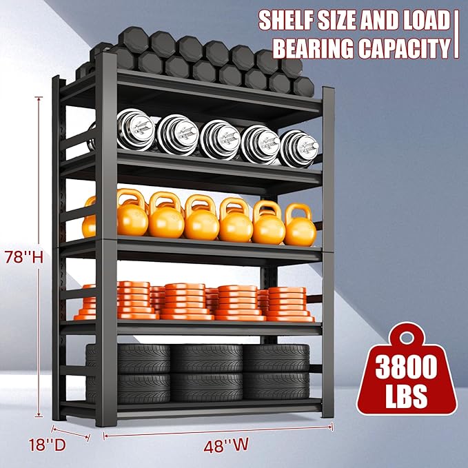 78" H X 48" W Heavy Duty, 5-Tier Metal Garage Shelving Unit | 3800LB Capacity| Garage & Basement Storage | Storage Shelves for Warehouses & Workshops | Adjustable, Rust-Resistant, Black