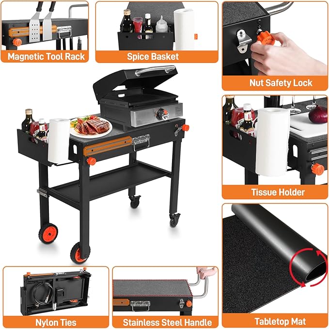 Rolling Grill Cart with Spice Rack, Blackstone Stand for 17"& 22" Griddle, Grill Stand with Storage Shelf, Griddle Table for Ninja, Weber, Portable Grills Table for Patio, Backyard, Camping