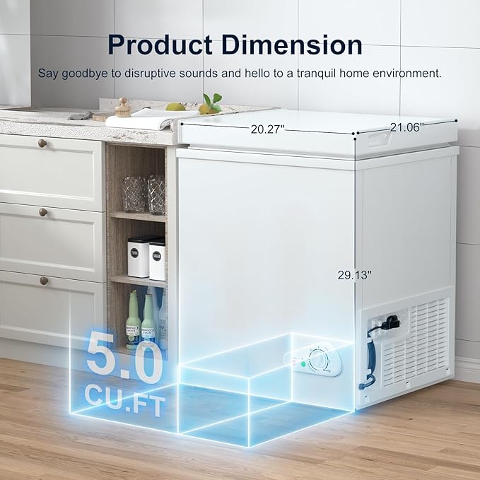 TABU 5.0 Cubic Feet Chest Freezer, Compact Freestanding Deep Freezer with 7 Level Adjustable Thermostat & Removable Basket,Top Opening, Low Noise(White, 5.0 Cu.Ft.)