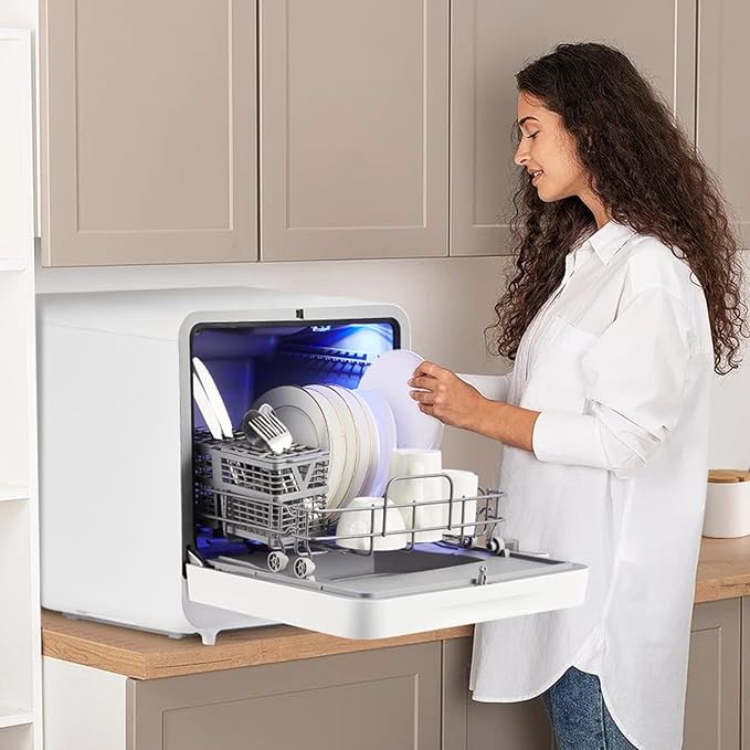 Countertop Portable Dishwasher, Compact Mini Dishwasher with Faucet & Self-Priming Water Inlet, 6 Wash Programs, High-Temp Cleaning, No Hookup Needed, for RV, Apartment, Dorm