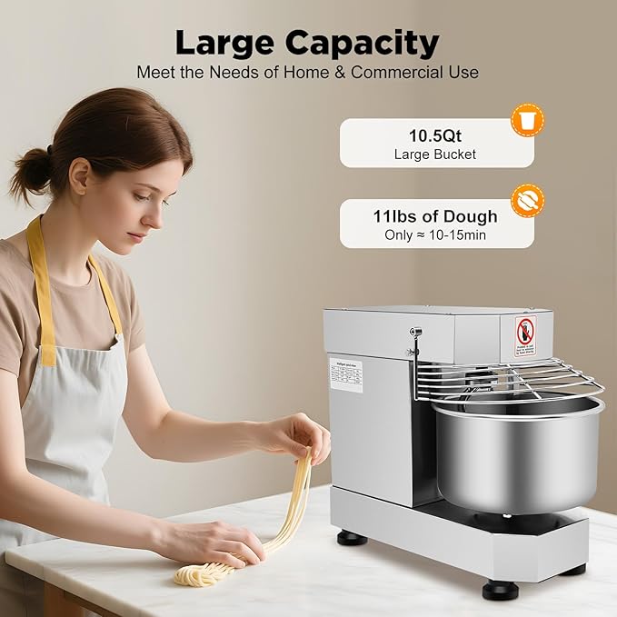 Commercial Food Mixer, 10L Electric Dough Mixer Machine, 750W 110V Dual Rotating Dough Kneading Machine With Stainless Steel Bowl & Security Shield for Bakeries Restaurants Pizzerias