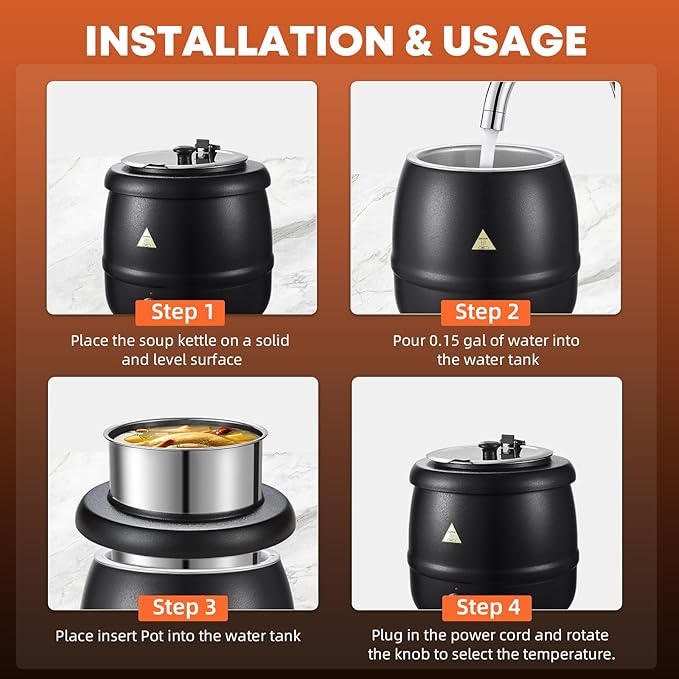 Commercial Soup Warmers Soup Kettle with Stainless Steel Hinged Lid and Detachable Insert Pot for Restaurants and Party, Home, Catering
