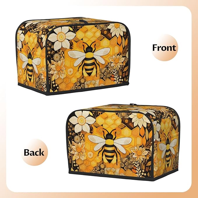 Toaster Cover 2 Slice with Pockets, Flowers And Honey Bee Vintage Yellow Print Kitchen Accessories Decor Bread Maker Oven Protector Covers Dust Proof Fingerprint Covers