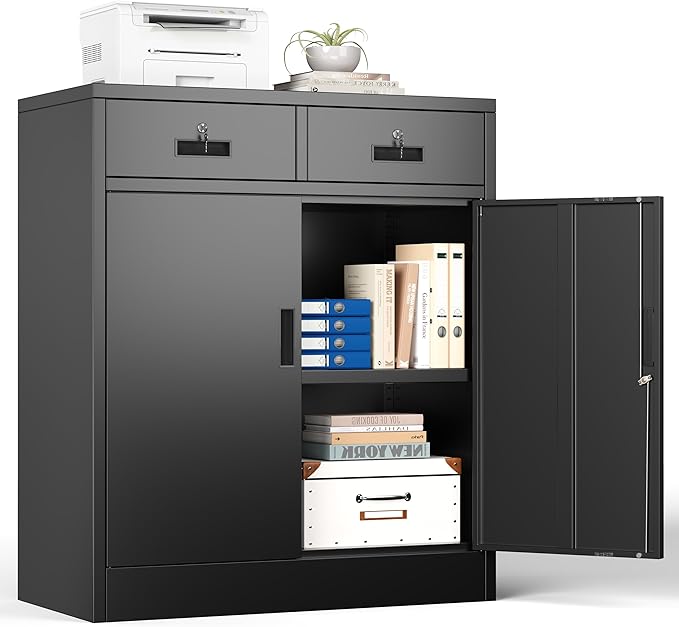 BESFUR Metal Storage Cabinet with Doors and Shelves, 36" H Locking Storage Cabinet with 2 Drawers, Black Metal Cabinets for Garage, Office, Home
