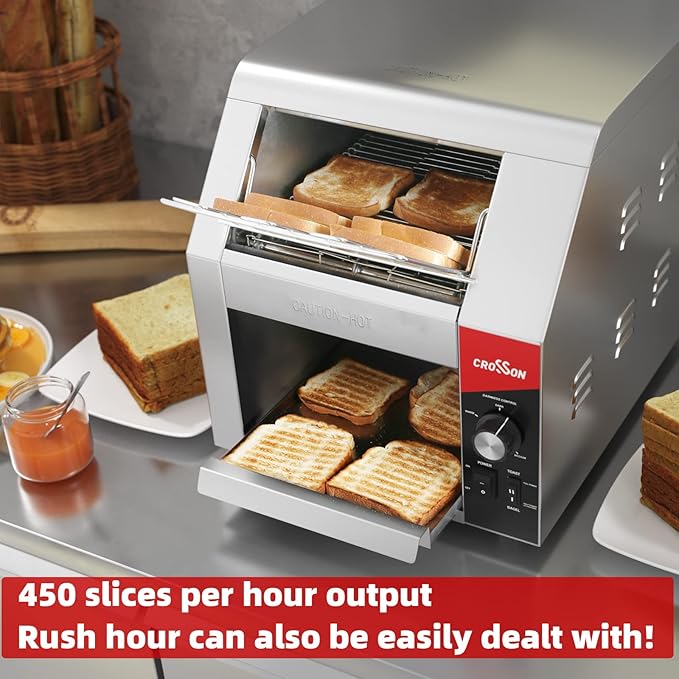 CROSSON ETL Listed Conveyor Toaster 450PCS/Hour 10" Wideness With 3" Opening Heavy Duty Commercial Toaster for Cafes,Buffets, Restaurants and Coffee shops-120V,1800W