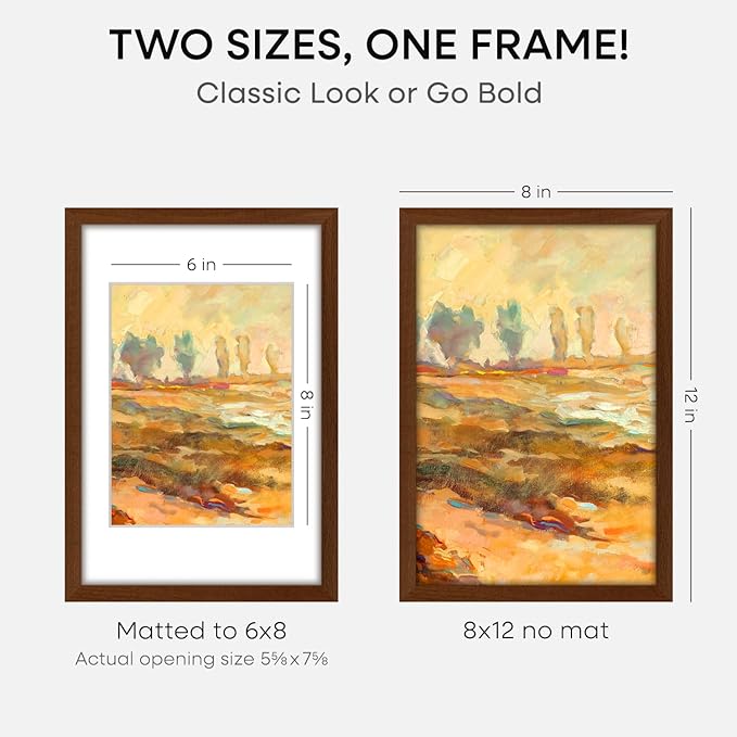 Homeforia 12x8 Picture Frame Brown, High End Dark Oak 8x12 Walnut Wooden Frames with Mat 6x8 Photo, 8 x 12 Wood Frame Matted to 6 by 8 Print, Wall or Tabletop Frame, Tempered Glass, Wall Kit, Set of 4