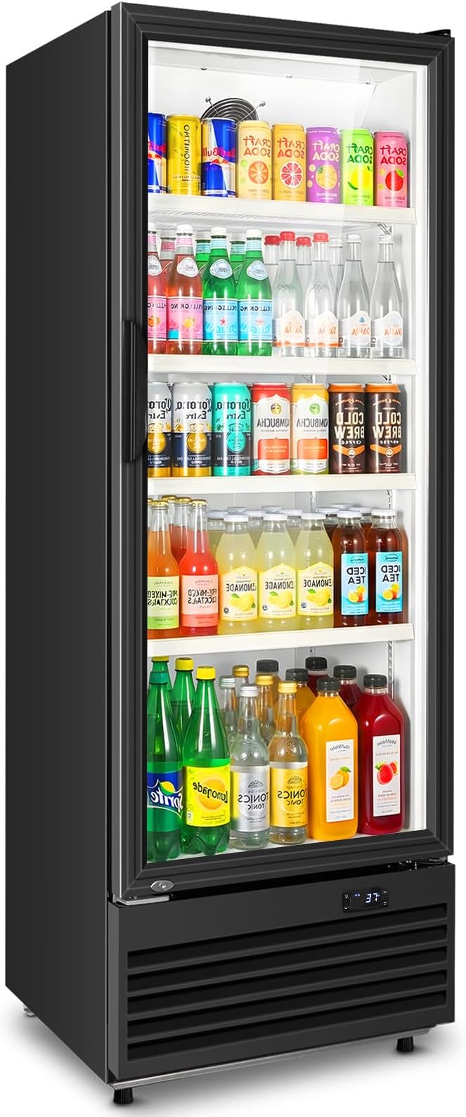 Commercial Beverage Refrigerator, 24.5" Glass Door Display Fridge, 15 Cu.Ft Freestanding Beverage Cooler with 4 Adjustable Shelves, Auto Rebound Door, Low Noise, for Shops, Restaurants & Bars, Black