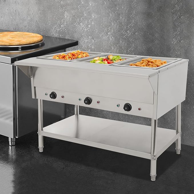 Commercial Electric Steam Table, 3-Pan Open Well Electric Stainless Steel Steam Table Food Warmer, Stainless Steel Steam Table, for Restaurant