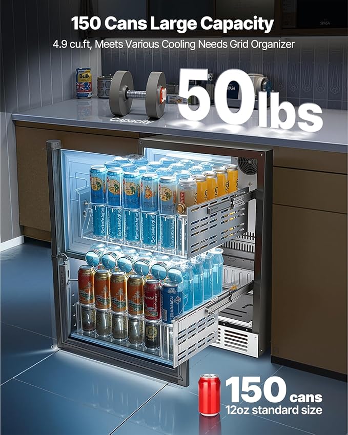 VEVOR Under Counter Drawer Refrigerator, 24 In Stainless Steel Fridge with Temperature Control, Dual Drawer Refrigerator with Powerful Compressor & LED Display, for Home, Office, and Commercial Use