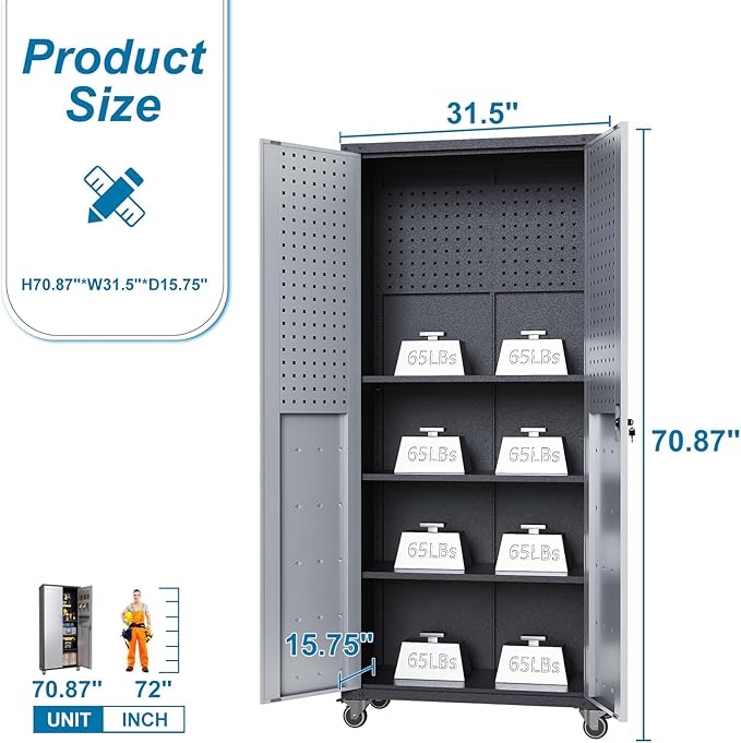 Tall Metal Storage Cabinet with Wheels Heavy Duty Large Metal Garage Cabinets with Adjustale Shelves Lockable Rolling Tool Cart for Warehouse Basement Kitchen, Assembly Required