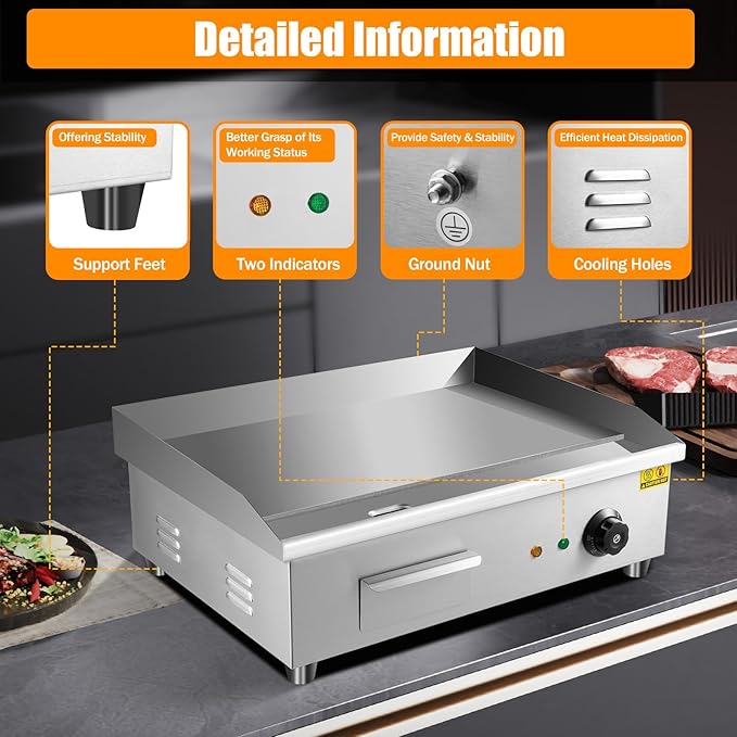3000W Commercial Electric Griddle, Electric Countertop Griddle, Stainless Steel Teppanyaki Flat Top Grill for Processing Pancakes Steaks Hamburgers