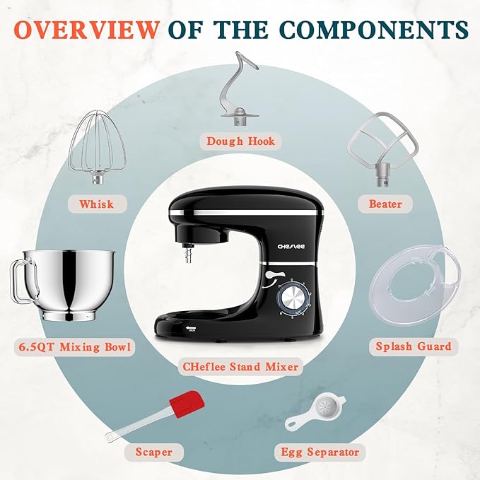 CHeflee Stand Mixer,660W 6+P With 6.5QT Stainless Steel Bowl,Dough Hook, Wire Whip & Beater,for Most Home Cooks (Black)