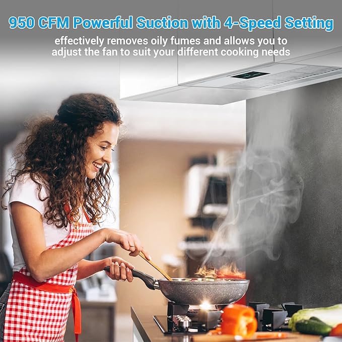 Range Hood 30 Inch Insert, 950 CFM Kitchen Hood with 4-Speed Exhaust Fan,Smart Remote/Gesture/Touch Control, Stainless Steel Vent Hood with 3W Dimmable LED Lights,Ducted/Ductless