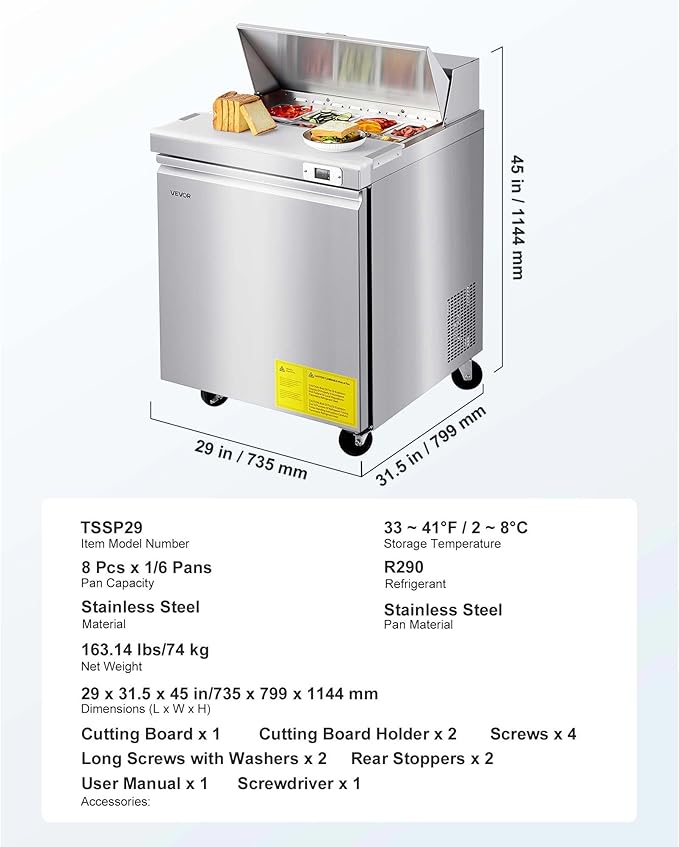VEVOR Commercial Refrigerator, 28" W Sandwich/Salad Prep Refrigerated Table, Stainless Steel Food Prep Station Fridge with 8 Pan, for Restaurant, Bar, Shop, 7.1 Cu. Ft Refrigerator Single Door, Silver