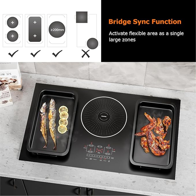 36 Inch Induction Cooktop 5 Burners, Flat Glass Top Electric Stove Hob with Bridge-SYNC, 3 Preset Modes Booster, Timer, Pause, Child Lock, Drop in, 208~240V/50A, Black
