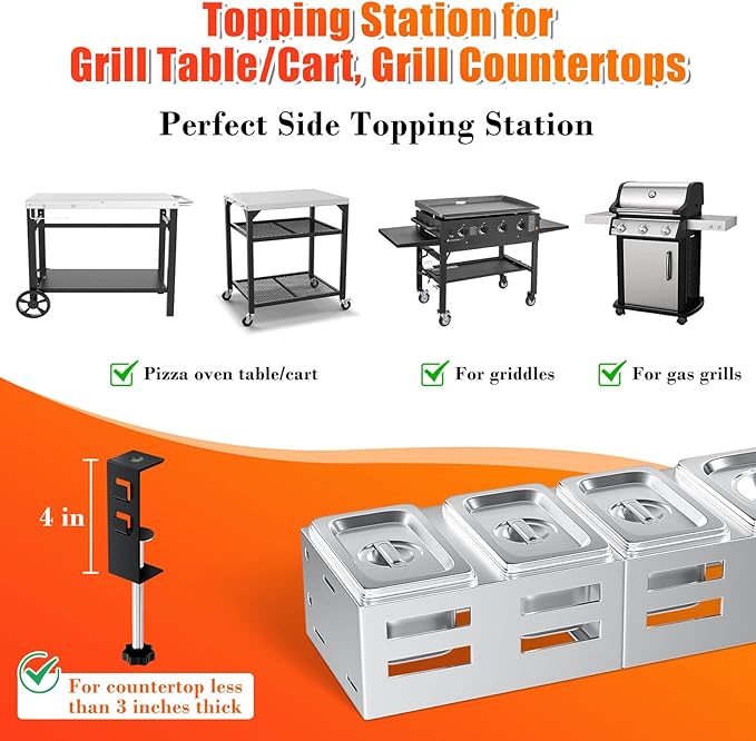 Pizza Topping Station Stainless Steel, 6 Seasoning Containers with Lid, Condiment Tray for Prepping Toppings, Pizza Oven Accessories, Grill Table Cart Topping Station, C-Clamp for Different Tabletop