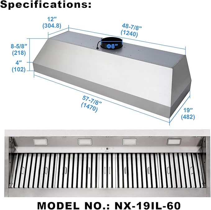 Akicon Range Hood Insert 60 Inch, 1200 CFM Built-in Kitchen Hood with 4 Speeds, Ultra-Quiet Stainless Steel Ducted Vent Hood Insert with Dimmable LED Lights and Dishwasher Safe Filters