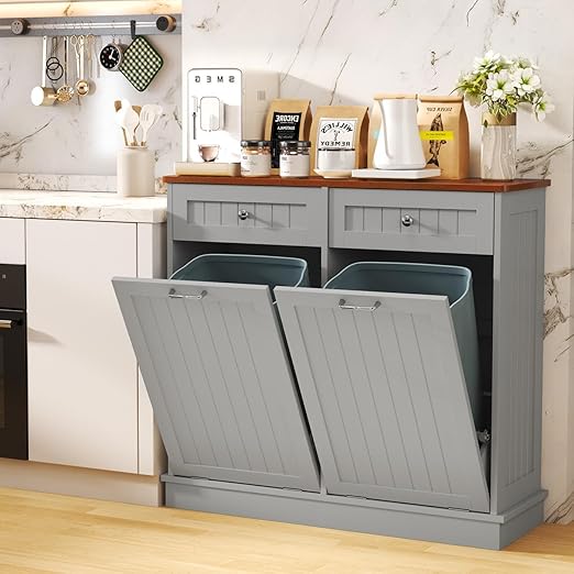 Tilt Out Trash Can Cabinet with Double Hidden Can Holder, Kitchen Free Standing Recycling Cabinet, Dog Proof, Wood, Gray