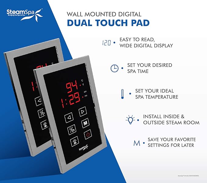 SteamSpa 6kW Steam Sauna Generator Executive Bundle 240V Steam Generator with Touch Pad, Steamheads, Pressure Relief Valve, Built-in Auto Drain, LED Light, Filter and Quick Install Kit EXT600CH-A