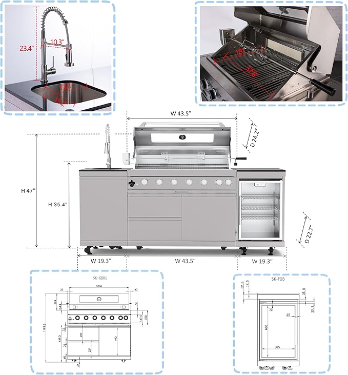 Outdoor Kitchen Island, 82 Inch 85000 BTU Gas Grill Combination With Refrigerator and Sink, Outdoor Stainless Steel Barbecue Bar,Natural Gas Barbecue Grill for Patios, Gardens, Parties