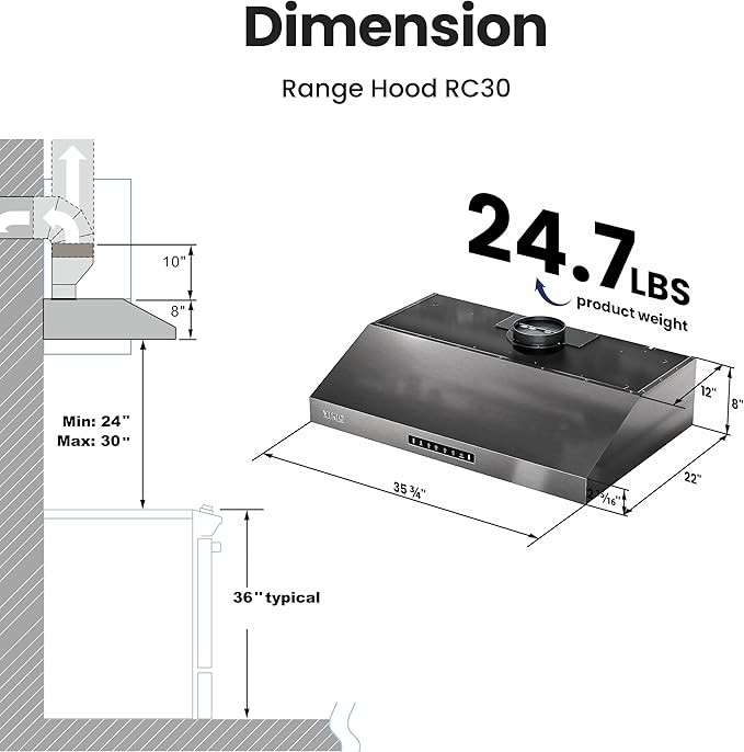 Range Hood 36 inch,1.5 Sones Quiet for Stove Vent Hood,Black Stainless Steel (PVD) Kitchen Exhaust Hood with 1200 CFM, Hood Vent with 3 Speed Gesture Sensing&Touch Control Panel