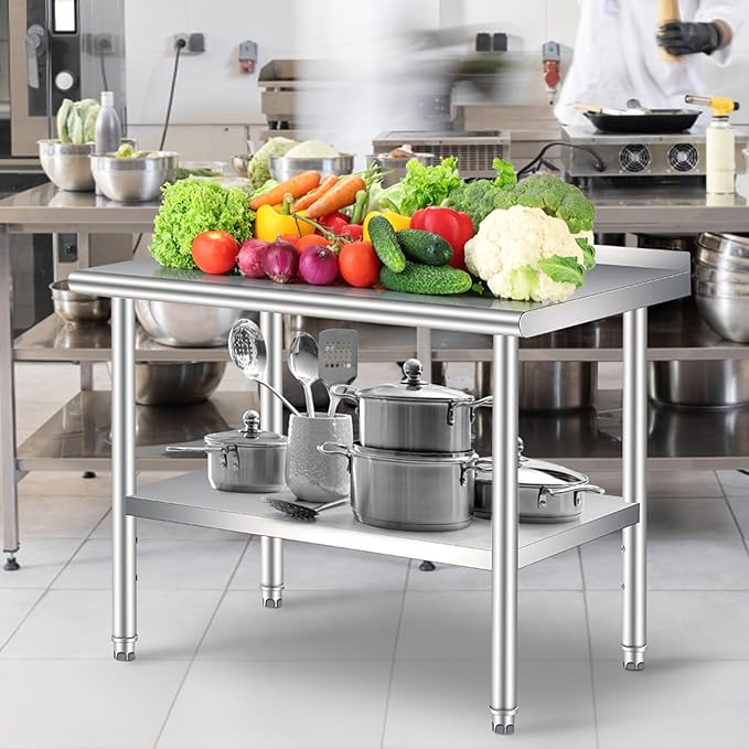 Stainless Steel Prep Table, 48 x 24 Inches, with Backsplash, Adjustable Undershelf, Commercial Heavy Duty Table with Adjustable Under Shelf for Outdoor Use,Restaurants,Hotels,Works