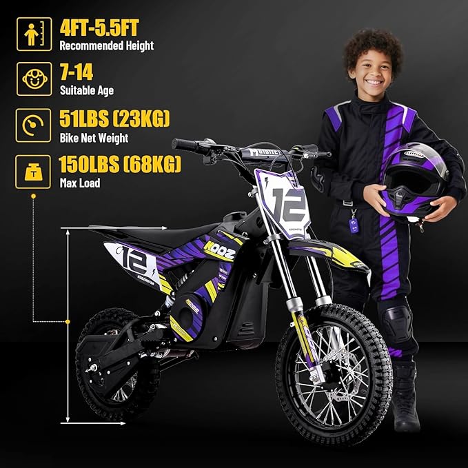KOOZ HP112E 36V 1000W Electric Dirt Bike for Kids, 3 Speed Modes Teen Electric Motorcycle Up to 18 MPH & 15 Miles Long-Range, Dual Suspension & Disc Brake, 16" Sturdy Tire for Kids Teenagers