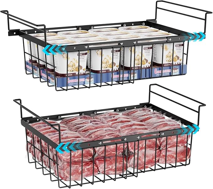 iSPECLE Freezer Organizer Bins for 10 to 20 Cu.Ft, 2 Pack Expandable Hanging Baskets Fit 17.5"-22.6" Width, Metal Wire Storage Racks for Deep Freeze, Not for Upright, Black