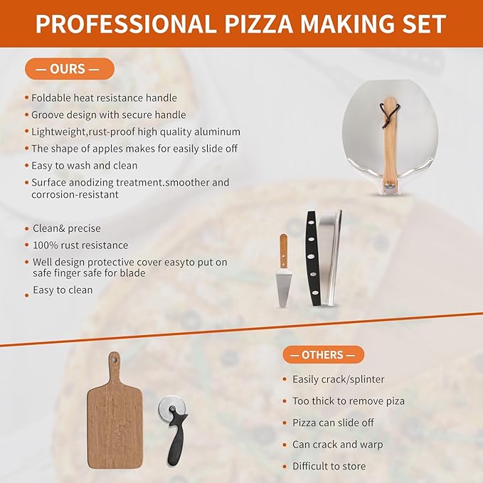 12"x14" Aluminum Pizza Peel Set- Pro Pizza Paddle & Pizza Spatula with Foldable Wooden Handle & Rocker Cutter Compatible with Ninja/ooni, Complete Pizza Oven Accessories for Baking Bread/Dough/Pastry