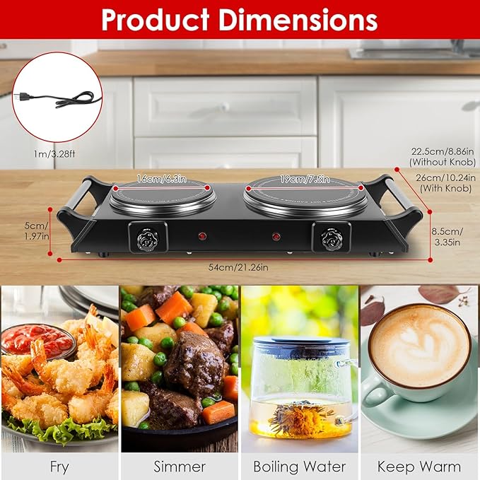 1800W Electric Double Burner, Portable Electric Stove, Hot Plate Countertop with Adjustable Temperature & Stay Cool Handles for RV Camping Home Dorm