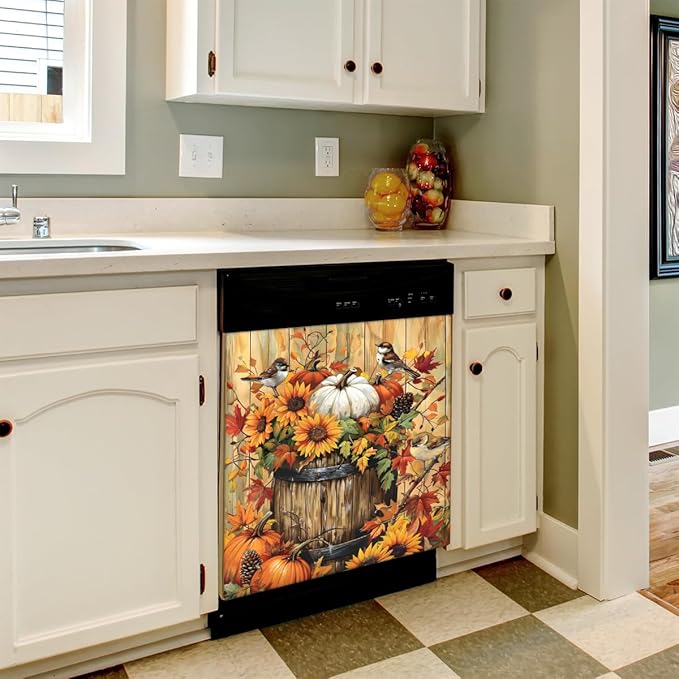 Autumn Birdie Pumpkin Dishwasher Magnet Cover, Reusable Refrigerator Panel Stickers Microwave Front Door Covers Magnets for Kitchen Home Appliances Holiday Party Decorations 23 X 26 in