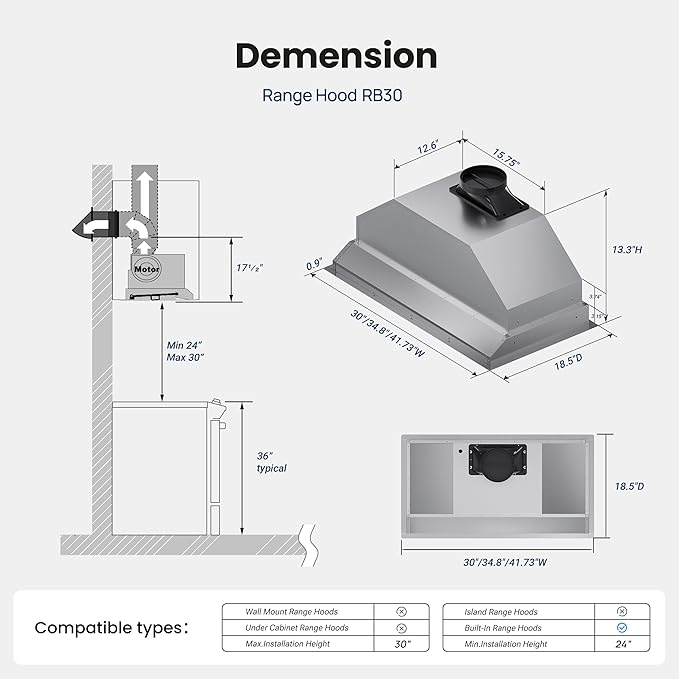 Range Hood Insert 42 Inch,Built-in Kitchen Hood with 980 CFM, Ducted/Ductless Convertible Duct,Stainless Steel Kitchen Vent Hood/Gesture/Touch Control, 3 Pcs Baffle Filters with Handlebar