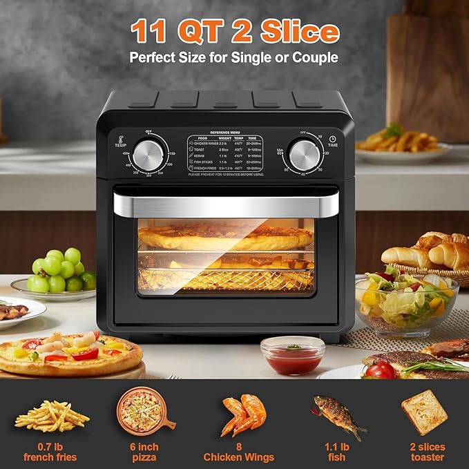 11QT Compact 2-Slice Air Fryer Toaster Oven with Reference Menus, 1500W Convection Countertop Oven, Adjustable Time & Temperature, Ideal for Singles & Couples, Black