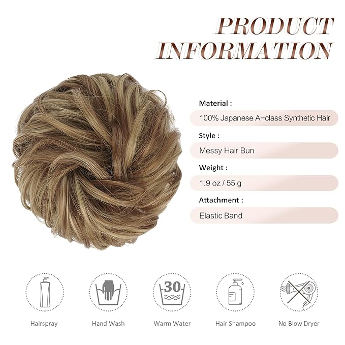 FESHFEN Messy Bun Hair Pieces - Large Wavy Curly Elastic Hair Bun Scrunchies Ponytail Extensions Synthetic Chignon Hairpieces for Women, Brown & Blonde 1.94oz