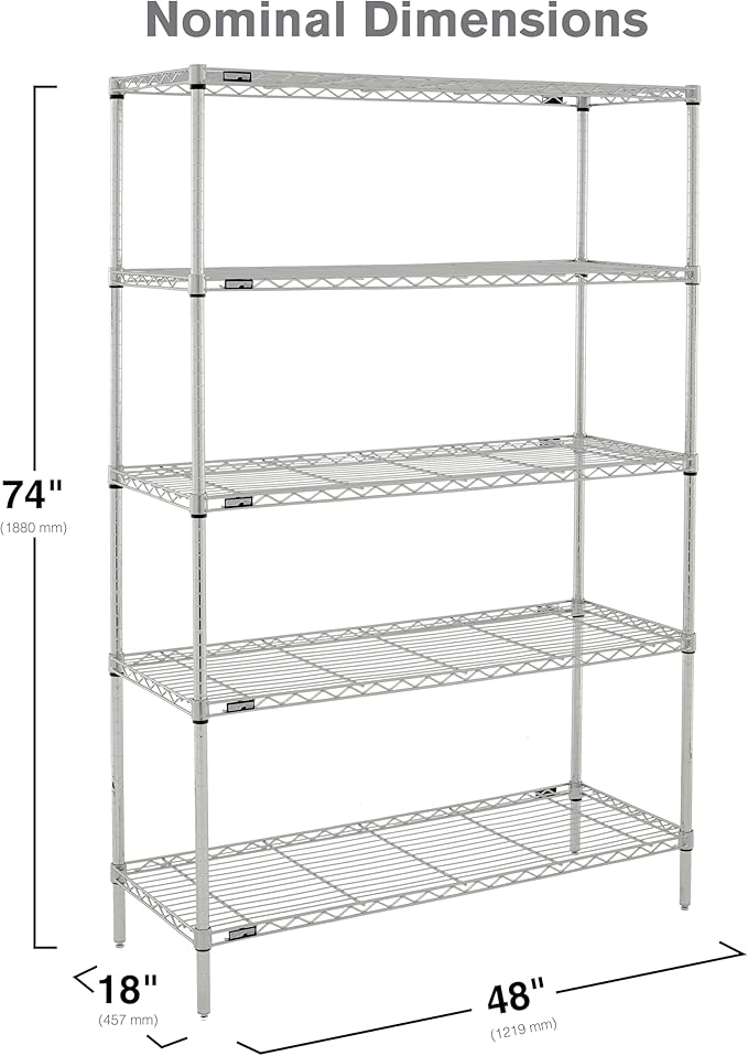 Metro Professional's Choice Commercial-Grade NSFShelving Unit - Multipurpose Adjustable Wire Shelf for Home, Garage, Kitchen and More - 5 Shelves, 18" W x 48" L x 74" H - Chrome