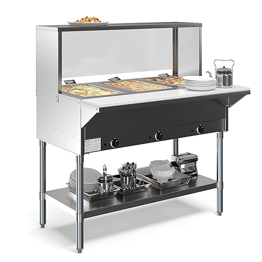 KoolMore 3-Pan Open Well Electric Stainless Steel Steam Table Food Warmer for Buffets with Sneeze Guard, Overshelf, Undershelf, Warming Control Knobs, Front Serving Area [120V] (KM-OWS-3SG), Silver