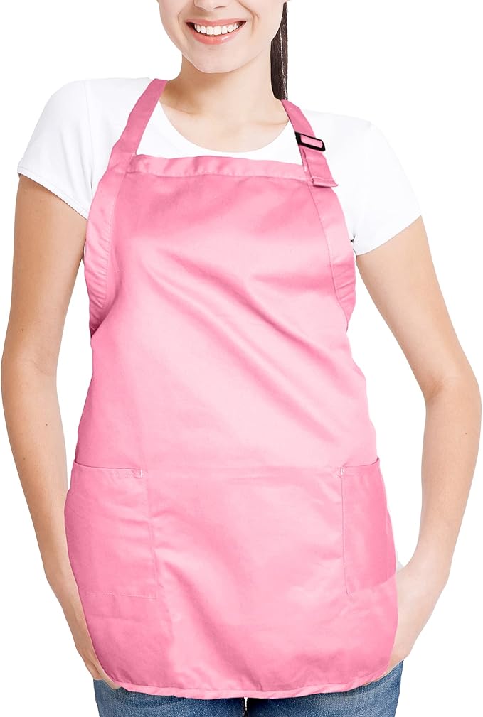 DALIX Apron Commercial Restaurant Home Bib Spun Poly Cotton Kitchen Aprons (2 Pockets) (2, Pink)