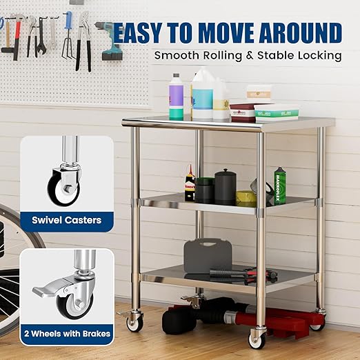 Stainless Steel Work Table with Wheels, 24x30 Inch NSF Kitchen Prep Table with 2 Adjustable Undershelves for Commercial Restaurant, Garage, Outdoor BBQ