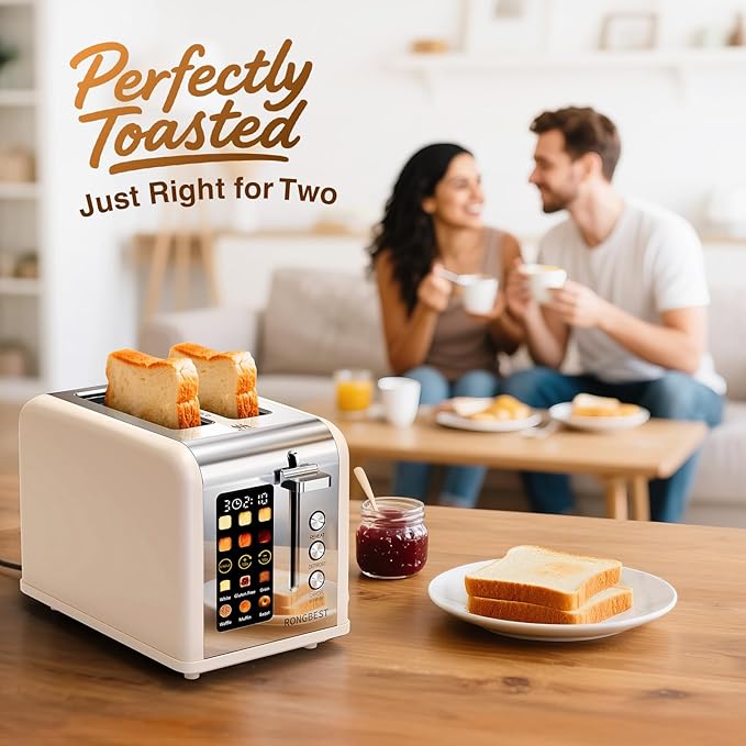2 Slice Easy Touch Screen Toaster, Stainless Steel Toaster with Wide Slots, Even Toasting for Bagels & Bread, Reheat & Defrost, Removable Crumb Tray, Cream Color